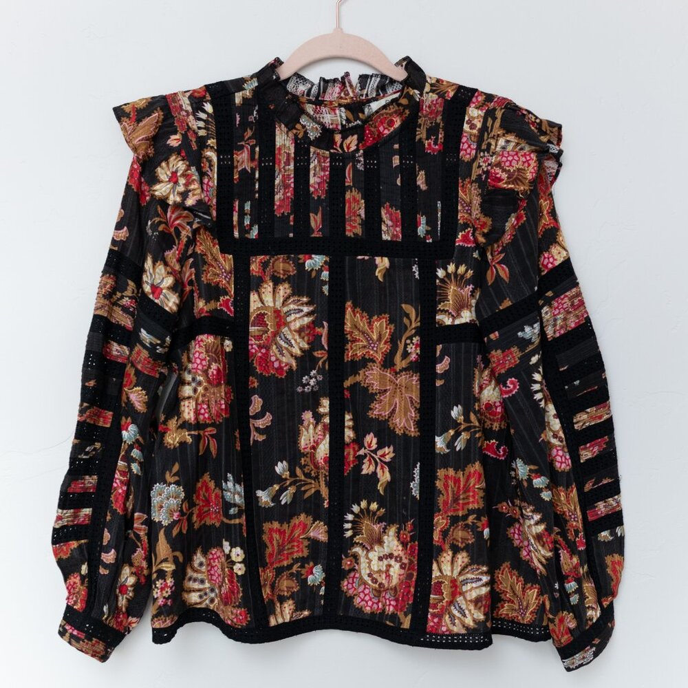 Sea New York Size 8 Black Floral Print Blouse
